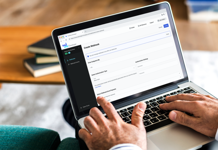 trevipay developer webhook screen on a laptop