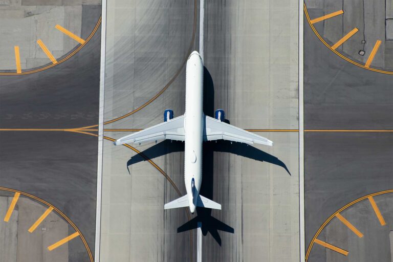 birds eye view of a airplane on a runway