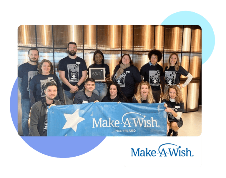 a group of people posing for a picture holding a "make a wish" banner