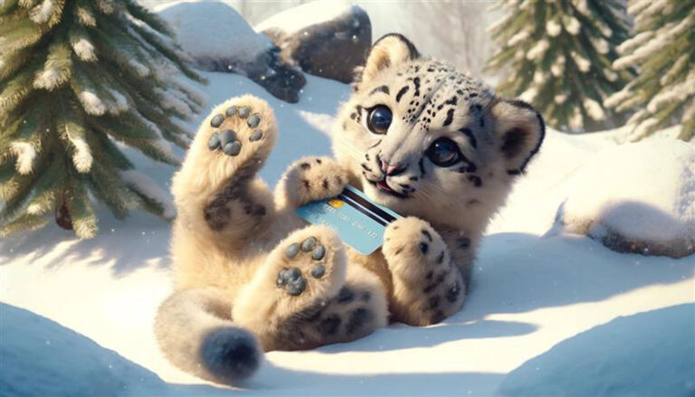 leopard holding a credit in the snow