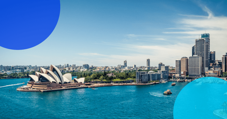 Sydney Australia skyline with 2 blue circle in both corners